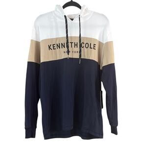 Kenneth Cole New York Mens Blue Tan White Knit Pullover Hoodie Size Medium M New
